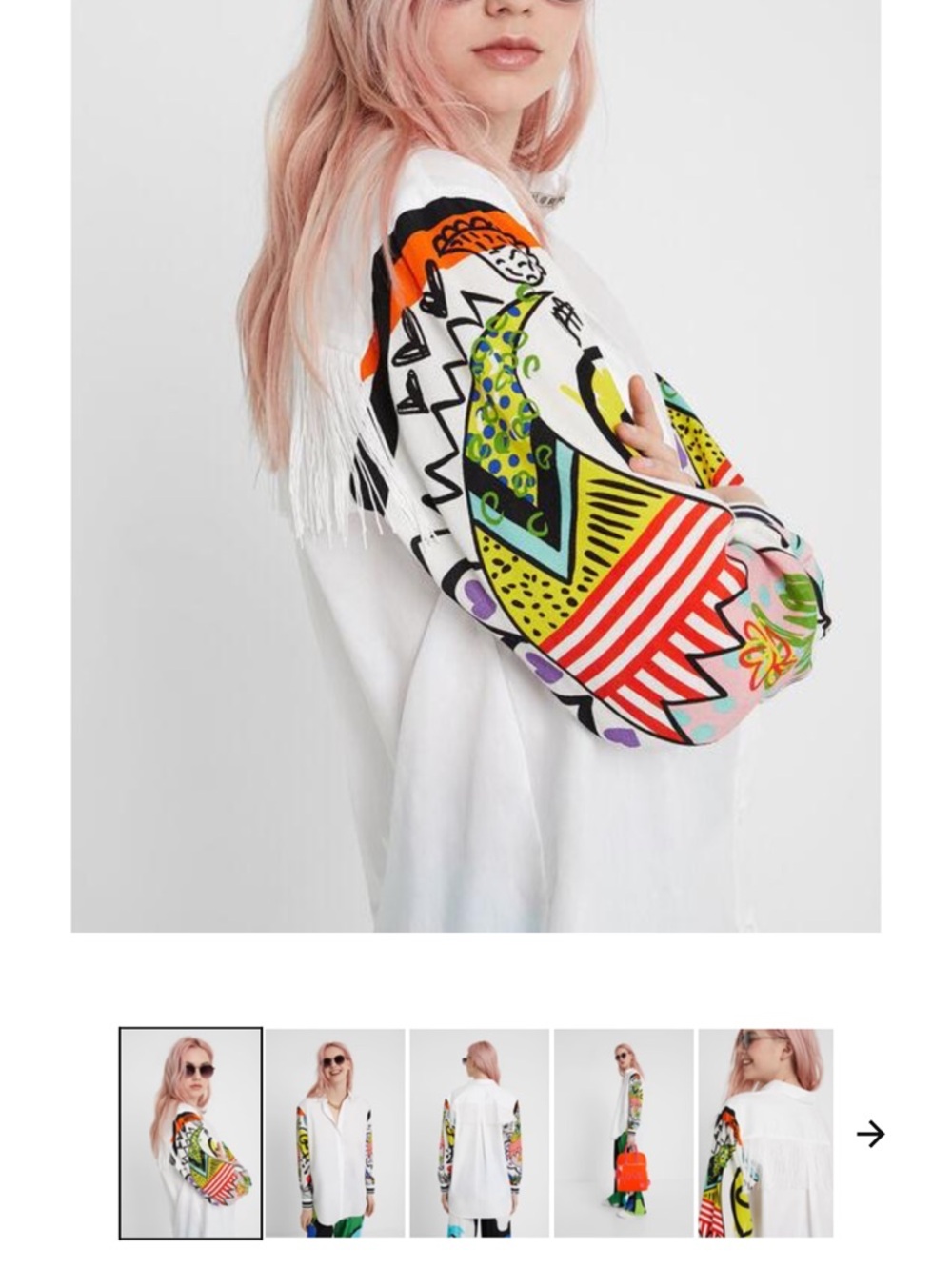 Desigual White Button-Down Shirt with Multicolor Graphic Sleeves